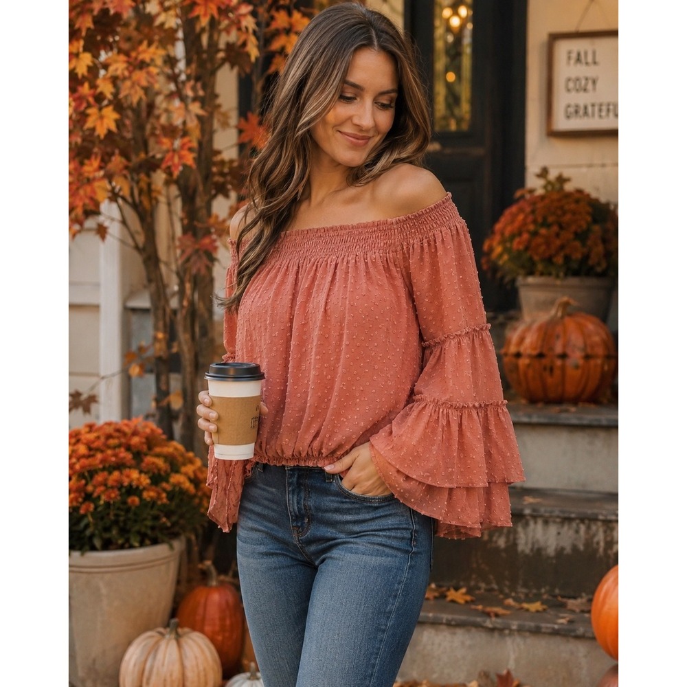 Wishlist Apparel Dusty Rose Swiss Dot Off Shoulder Peasant Blouse Women's M
